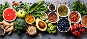 健康食品清洁饮食选择:水果，蔬菜，种子，超级食品，谷物，叶菜灰色混凝土背景