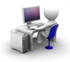 3D人物在电脑完美的办公桌上工作