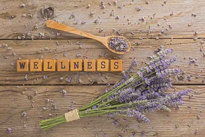 在勺子和鲜花旁边的拼字板上写着健康